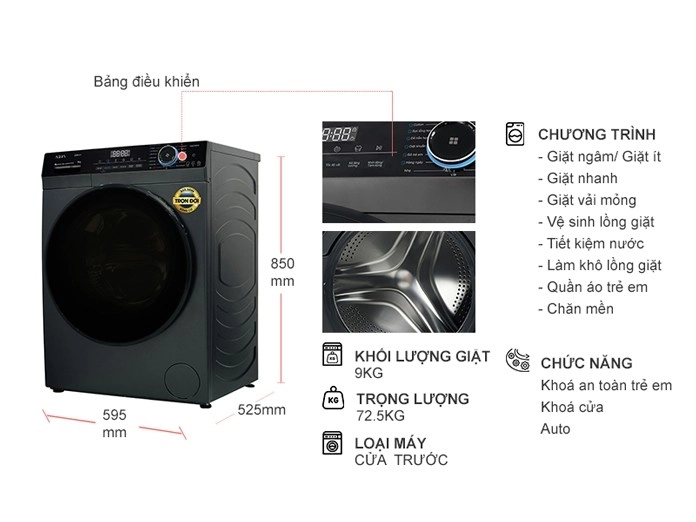 Máy giặt Aqua Inverter 9 kg AQD-D903G.BK