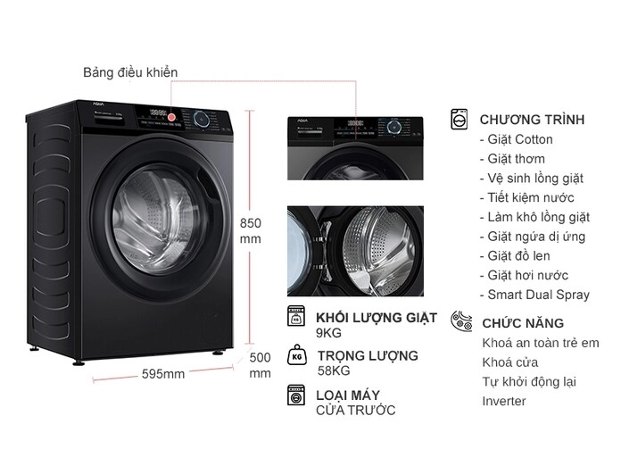 Máy giặt sấy Aqua Inverter 9 kg AQD-A902J.BK