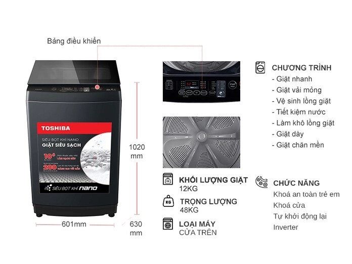 Máy giặt Toshiba Inverter 12 kg AW-DUK1300KV (MK)