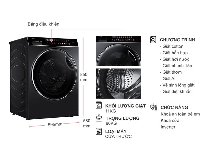 Máy giặt Aqua Inverter 11 kg AQD-DW1100J.BK