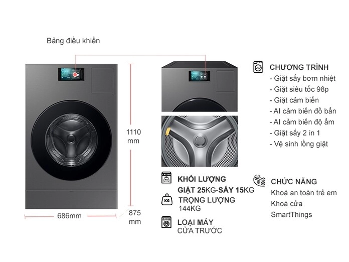 Máy giặt sấy Samsung Bespoke AI Inverter 25kg WD25DB8995BZSV