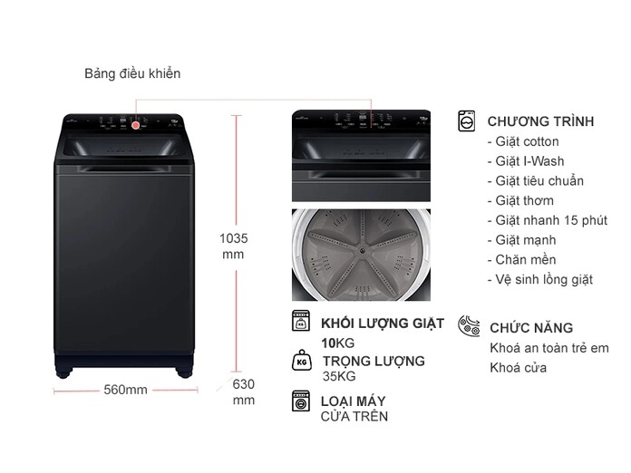 Máy giặt sấy Aqua Inverter 10 kg AQW-DR100JT.BK