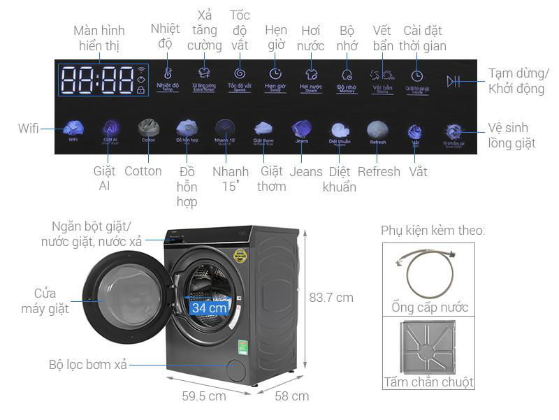 Máy giặt sấy Aqua Inverter 10 kg AQD-DW1000J.BK