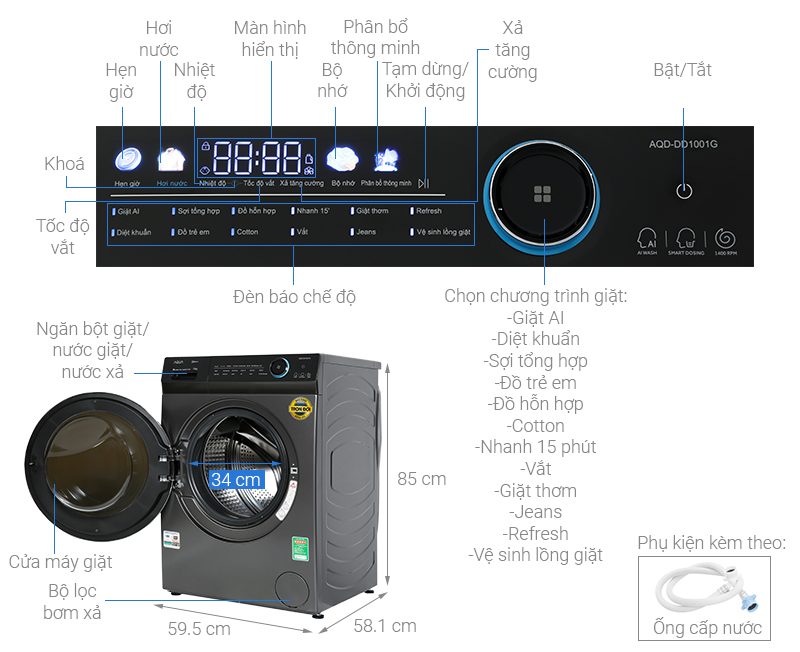 Máy giặt Aqua Inverter 10 kg AQD-DD1001G.PS