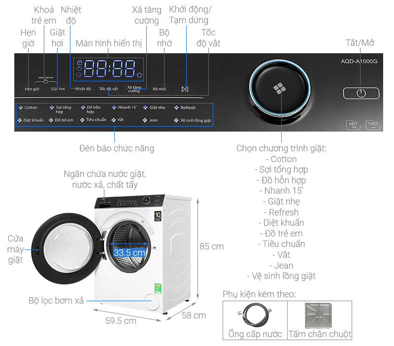 Máy giặt sấy Aqua Inverter 10 kg AQD-A1000G.W
