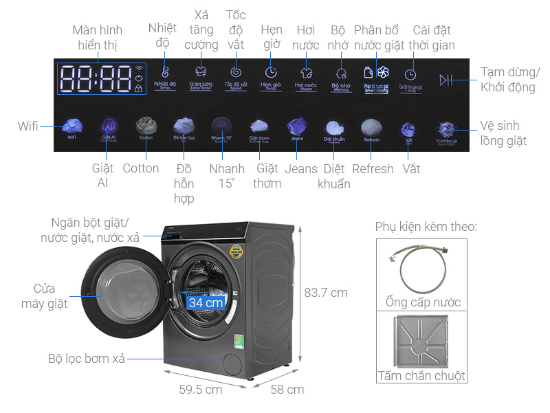 Máy giặt sấy Aqua Inverter 10 kg AQD-DDW1000J.BK