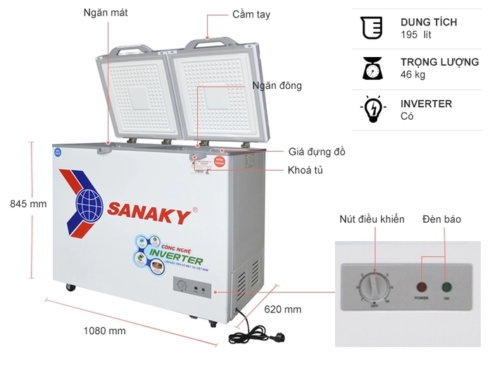 Tủ đông Sanaky Inverter 195 lít VH-2599W4K