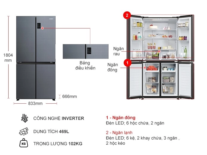 Tủ lạnh Aqua Inverter 469 lít Multi Door AQR-M536XA(SL)