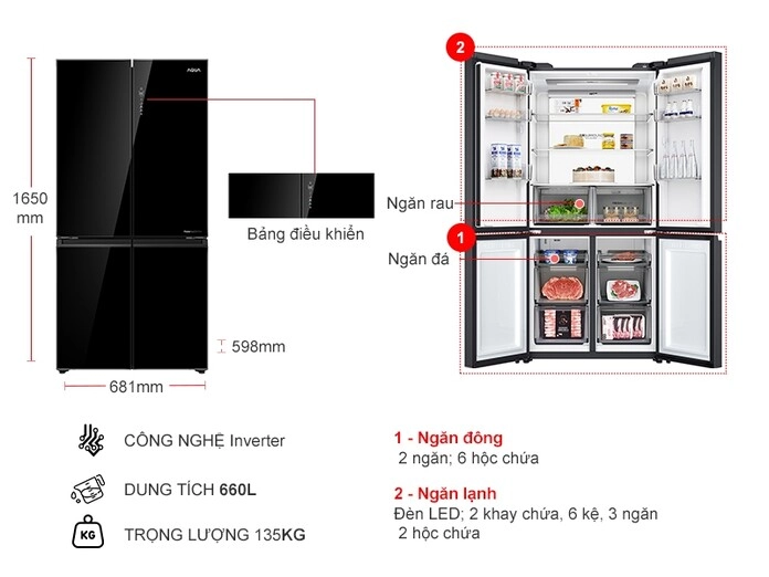 Tủ lạnh Aqua Inverter 660 lít Multi Door AQR-M727XA(GB)U1