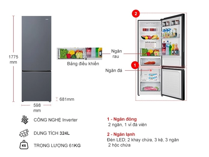 Tủ lạnh Aqua Inverter 324 lít AQR-B390MA(HB)