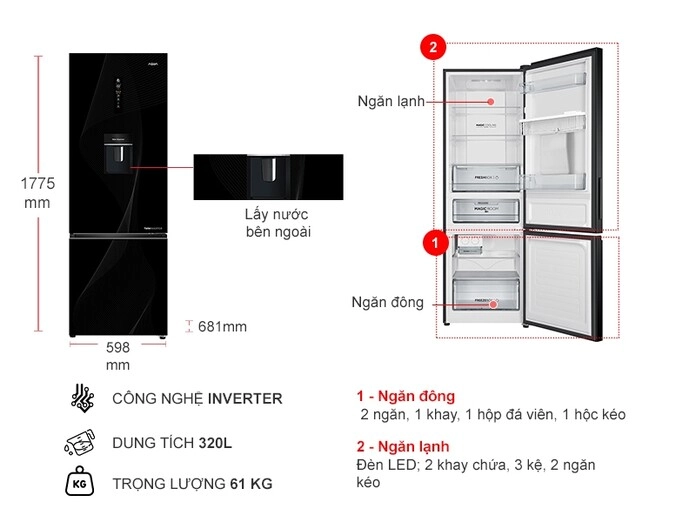 Tủ lạnh Aqua Inverter 320 lít AQR-B380MA(WGP)U1