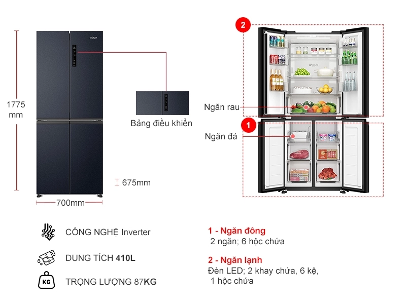 Tủ lạnh Aqua Inverter 410 lít Multi Door AQR-M466XA(CBC)