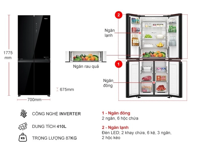 Tủ lạnh Aqua Inverter 410 lít Multi Door AQR-M466XA(GB)