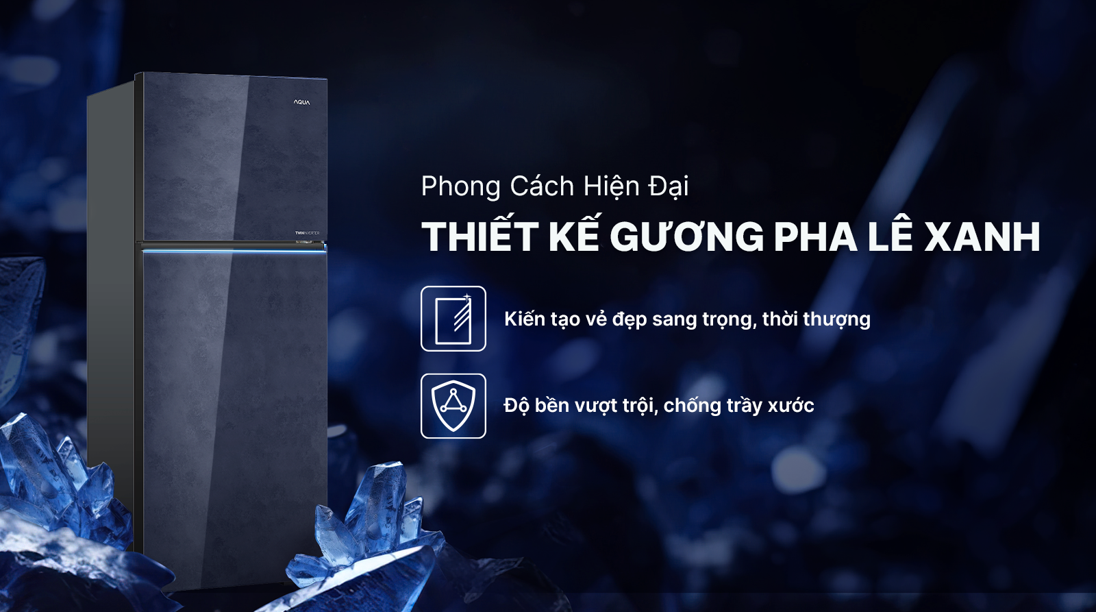 Tủ lạnh Aqua Inverter 455 lít AQR-TA518FA(GL)U1 Mặt Gương Pha Lê Xanh