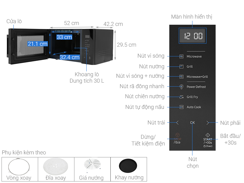 Lò vi sóng có nướng Samsung 30 lít MG30T5018CK/SV